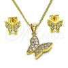 Juego de Arete y Dije de Adulto 10.342.0114 Oro Laminado, Diseño de Mariposa, con Blanca Zirconia Cubica, Pulido, Tono Dorado