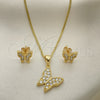 Juego de Arete y Dije de Adulto 10.342.0114 Oro Laminado, Diseño de Mariposa, con Blanca Zirconia Cubica, Pulido, Tono Dorado