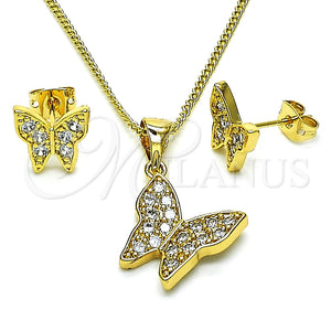 Juego de Arete y Dije de Adulto 10.342.0114 Oro Laminado, Diseño de Mariposa, con Blanca Zirconia Cubica, Pulido, Tono Dorado