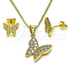 Juego de Arete y Dije de Adulto 10.342.0114 Oro Laminado, Diseño de Mariposa, con Blanca Zirconia Cubica, Pulido, Tono Dorado