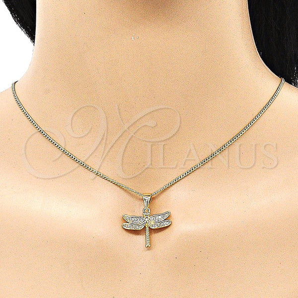 Juego de Arete y Dije de Adulto 10.342.0119 Oro Laminado, Diseño de Libélula, con Blanca Micro Pave, Pulido, Tono Dorado