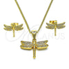 Juego de Arete y Dije de Adulto 10.342.0119 Oro Laminado, Diseño de Libélula, con Blanca Micro Pave, Pulido, Tono Dorado