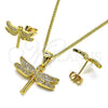 Juego de Arete y Dije de Adulto 10.342.0119 Oro Laminado, Diseño de Libélula, con Blanca Micro Pave, Pulido, Tono Dorado
