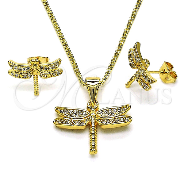 Juego de Arete y Dije de Adulto 10.342.0119 Oro Laminado, Diseño de Libélula, con Blanca Micro Pave, Pulido, Tono Dorado