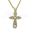 Dije Religioso 05.102.0053 Oro Laminado, Diseño de Cruz y Alas, con Blanca Micro Pave, Pulido, Tono Dorado
