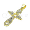 Dije Religioso 05.102.0053 Oro Laminado, Diseño de Cruz y Alas, con Blanca Micro Pave, Pulido, Tono Dorado