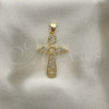 Dije Religioso 05.102.0053 Oro Laminado, Diseño de Cruz y Alas, con Blanca Micro Pave, Pulido, Tono Dorado