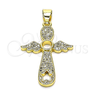 Dije Religioso 05.102.0053 Oro Laminado, Diseño de Cruz y Alas, con Blanca Micro Pave, Pulido, Tono Dorado