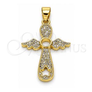 Dije Religioso 05.102.0053 Oro Laminado, Diseño de Cruz y Alas, con Blanca Micro Pave, Pulido, Tono Dorado