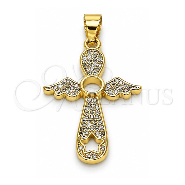 Dije Religioso 05.102.0053 Oro Laminado, Diseño de Cruz y Alas, con Blanca Micro Pave, Pulido, Tono Dorado