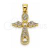 Dije Religioso 05.102.0053 Oro Laminado, Diseño de Cruz y Alas, con Blanca Micro Pave, Pulido, Tono Dorado