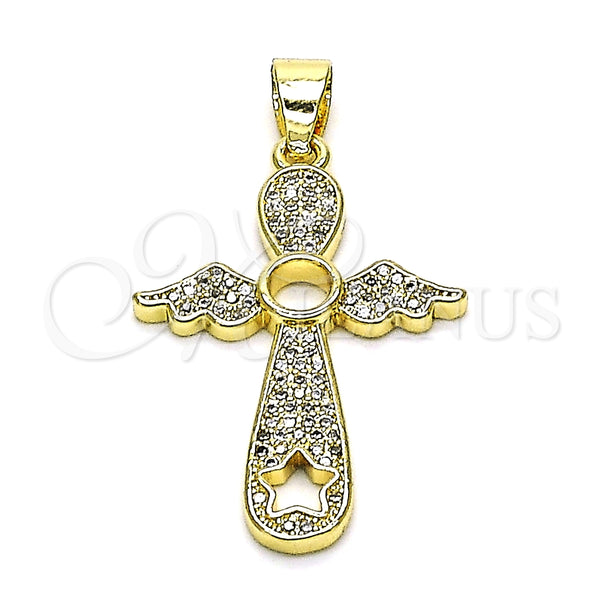 Dije Religioso 05.102.0053 Oro Laminado, Diseño de Cruz y Alas, con Blanca Micro Pave, Pulido, Tono Dorado