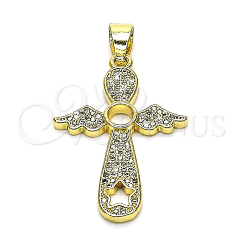 Dije Religioso 05.102.0053 Oro Laminado, Diseño de Cruz y Alas, con Blanca Micro Pave, Pulido, Tono Dorado