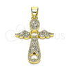Dije Religioso 05.102.0053 Oro Laminado, Diseño de Cruz y Alas, con Blanca Micro Pave, Pulido, Tono Dorado