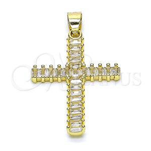 Dije Religioso 05.102.0054 Oro Laminado, Diseño de Cruz y Baguette, con Blanca Zirconia Cubica, Pulido, Tono Dorado