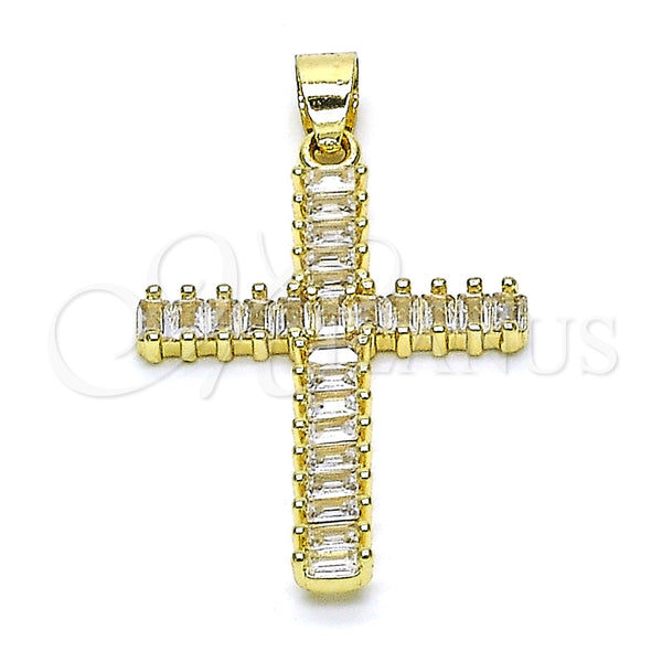 Dije Religioso 05.102.0054 Oro Laminado, Diseño de Cruz y Baguette, con Blanca Zirconia Cubica, Pulido, Tono Dorado