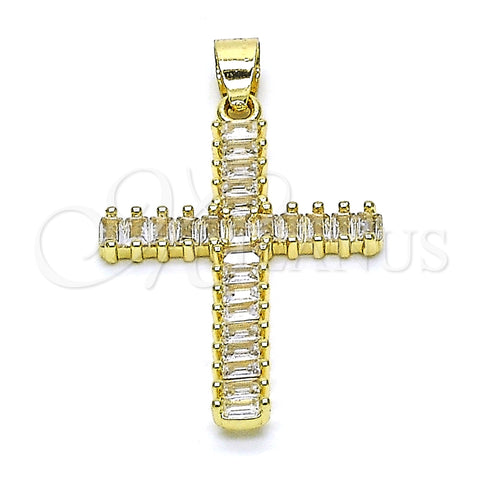 Dije Religioso 05.102.0054 Oro Laminado, Diseño de Cruz y Baguette, con Blanca Zirconia Cubica, Pulido, Tono Dorado