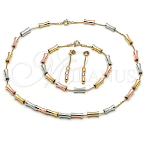 Collar, Pulsera y Dije 06.92.0009 Oro Laminado, Diseño de Box y Bambu, Pulido, Tres Tonos