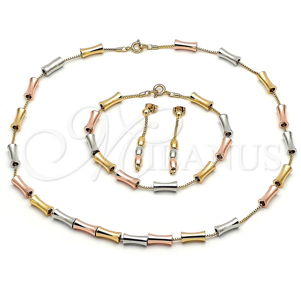 Collar, Pulsera y Dije 06.92.0009 Oro Laminado, Diseño de Box y Bambu, Pulido, Tres Tonos