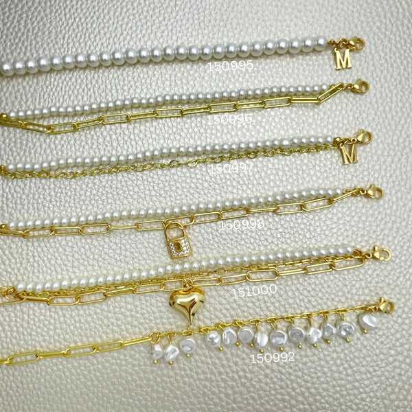 Kit Surtido de 15 Pulseras de Eslabones con Perlas de Oro Laminado al por mayor — SKU 152401