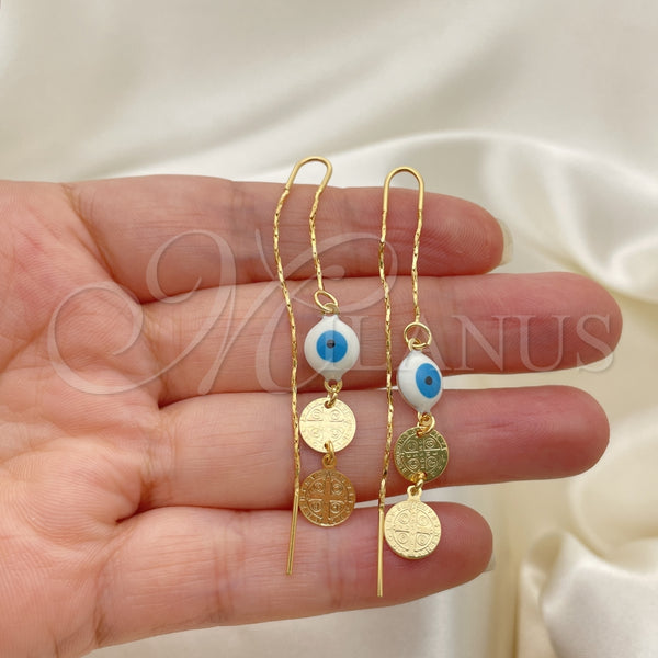 Arete Violador 02.02.0519 Oro Laminado, Diseño de Ojo Griego y San Benito, Pulido, Tono Dorado