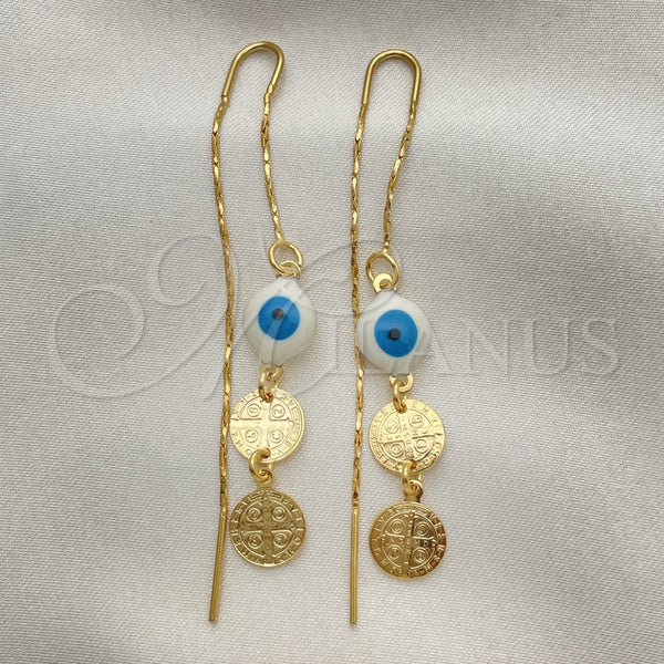 Arete Violador 02.02.0519 Oro Laminado, Diseño de Ojo Griego y San Benito, Pulido, Tono Dorado