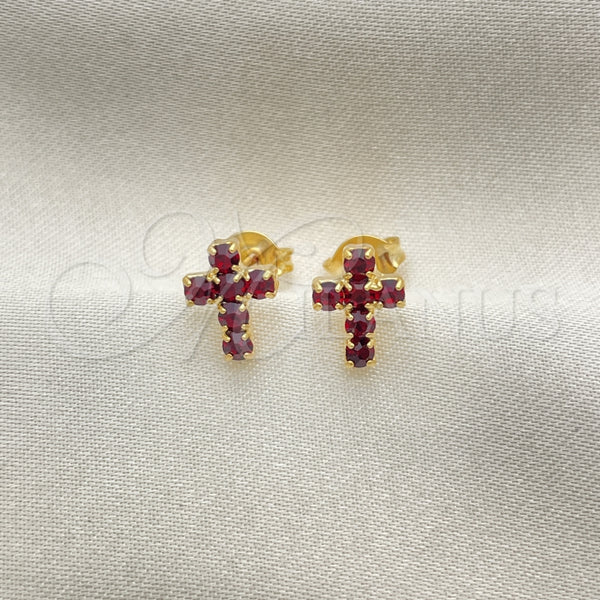 Arete Dormilona 02.02.0523 Oro Laminado, Diseño de Cruz, con Siam Zirconia Cubica, Pulido, Tono Dorado