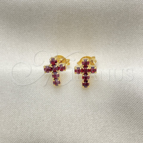 Arete Dormilona 02.02.0523 Oro Laminado, Diseño de Cruz, con Siam Zirconia Cubica, Pulido, Tono Dorado
