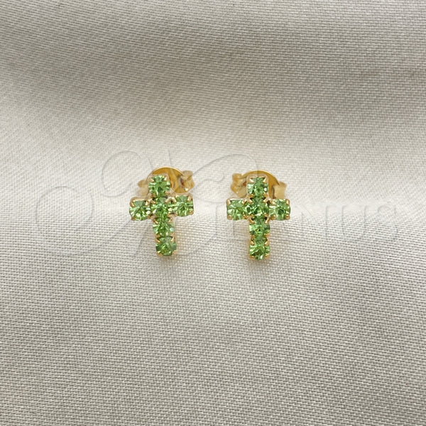 Arete Dormilona 02.02.0523.4 Oro Laminado, Diseño de Cruz, con Verde Claro Zirconia Cubica, Pulido, Tono Dorado