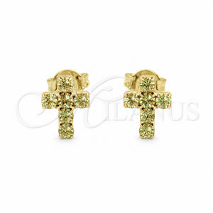 Arete Dormilona 02.02.0523.4 Oro Laminado, Diseño de Cruz, con Verde Claro Zirconia Cubica, Pulido, Tono Dorado