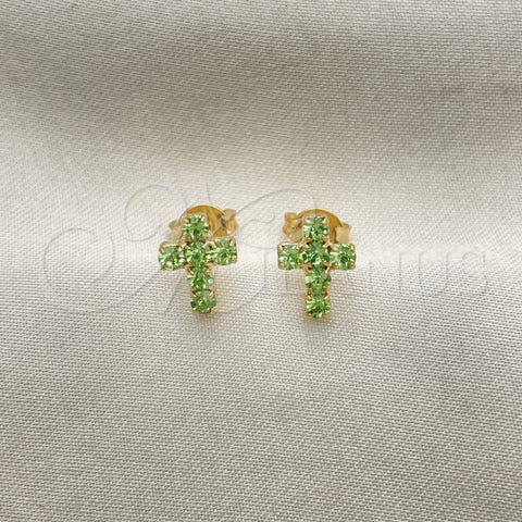 Arete Dormilona 02.02.0523.4 Oro Laminado, Diseño de Cruz, con Verde Claro Zirconia Cubica, Pulido, Tono Dorado