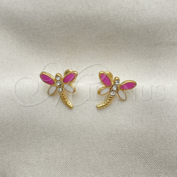 Arete Dormilona 02.02.0524 Oro Laminado, Diseño de Libélula, con Blanca Zirconia Cubica, Esmaltado Rosado, Tono Dorado