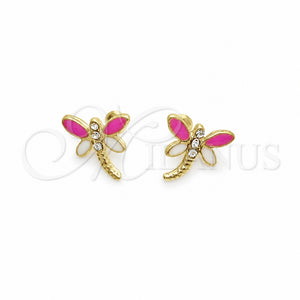 Arete Dormilona 02.02.0524 Oro Laminado, Diseño de Libélula, con Blanca Zirconia Cubica, Esmaltado Rosado, Tono Dorado
