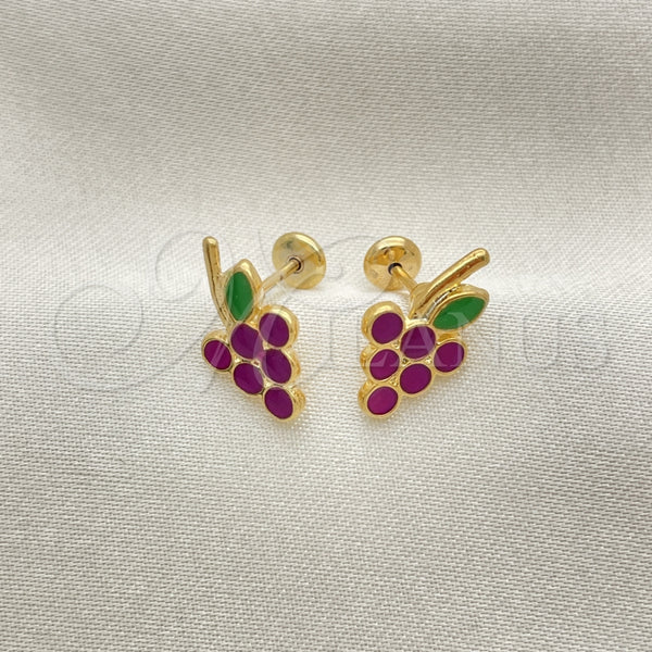 Arete Dormilona 02.02.0525 Oro Laminado, Diseño de Uva, Esmaltado Violeta, Tono Dorado