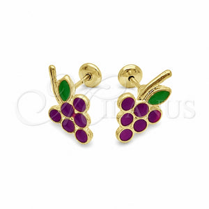 Arete Dormilona 02.02.0525 Oro Laminado, Diseño de Uva, Esmaltado Violeta, Tono Dorado