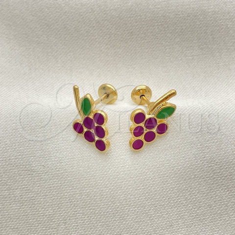 Arete Dormilona 02.02.0525 Oro Laminado, Diseño de Uva, Esmaltado Violeta, Tono Dorado