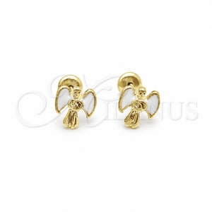Arete Dormilona 02.02.0526 Oro Laminado, Diseño de Angel, Esmaltado Blanco, Tono Dorado