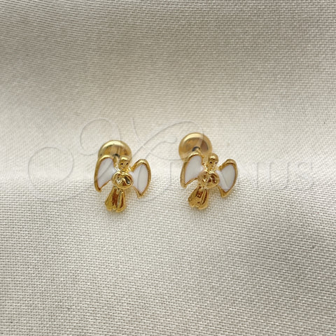 Arete Dormilona 02.02.0526 Oro Laminado, Diseño de Angel, Esmaltado Blanco, Tono Dorado