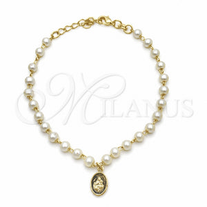 Pulsera Elegante 03.02.0100.2.16 Oro Laminado, Diseño de Judaica y Bola, con Perla Marfil, Pulido, Tono Dorado (Grosor 07 MM, 8 Pulgadas de Largo)