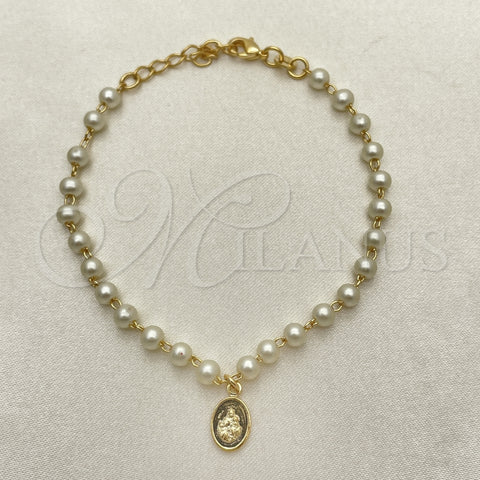 Pulsera Elegante 03.02.0100.2.16 Oro Laminado, Diseño de Bola y Mano de Dios, con Marfil Perla, Pulido, Tono Dorado (07 MM Thickness, 8 Inches Length)