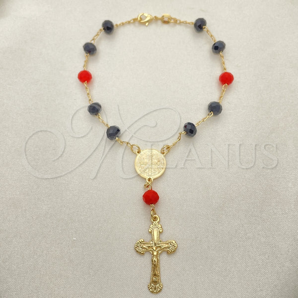 Rosario de Pulsera 09.02.0044.07 Oro Laminado, Diseño de San Benito y Crucifijo, con Negro and Granate Azavache, Pulido, Tono Dorado