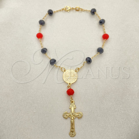 Rosario de Pulsera 09.02.0044.07 Oro Laminado, Diseño de San Benito y Crucifijo, con Negro and Granate Azavache, Pulido, Tono Dorado