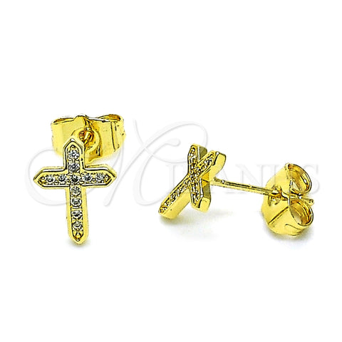 Arete Dormilona 02.344.0110.1 Oro Laminado, Diseño de Cruz, con Blanca Micro Pave, Pulido, Tono Dorado