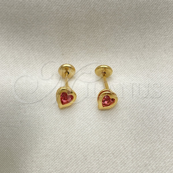 Arete Dormilona 02.02.0528 Oro Laminado, Diseño de Corazón, con Rosado Zirconia Cubica, Pulido, Tono Dorado