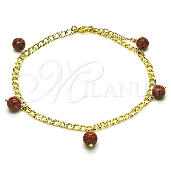 Tobillera de Dije 03.63.2073.10 Oro Laminado, Diseño de Cubana, con Onix Negro Goldstone Venturina, Pulido, Tono Dorado (04 MM Thickness, 10 Inches Length)