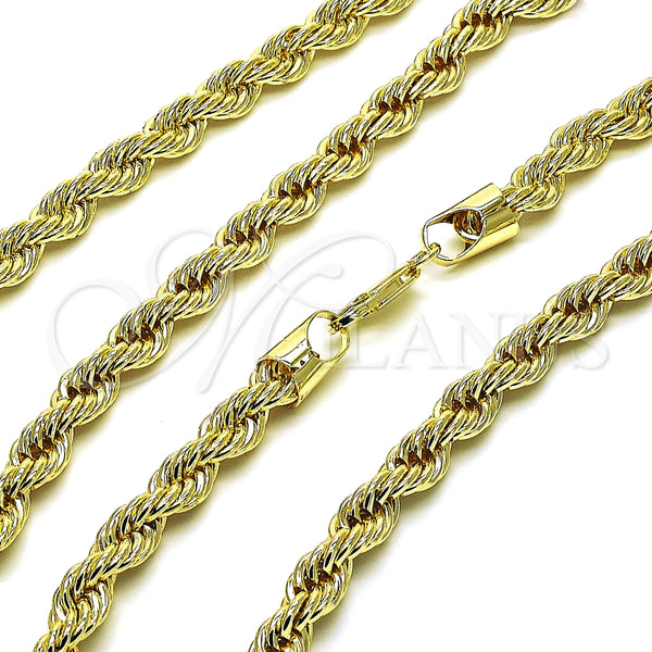 Gargantilla Basica 04.213.0207.30 Oro Laminado, Diseño de Rope, Pulido, Tono Dorado (07 MM Thickness, 30 Inches Length)