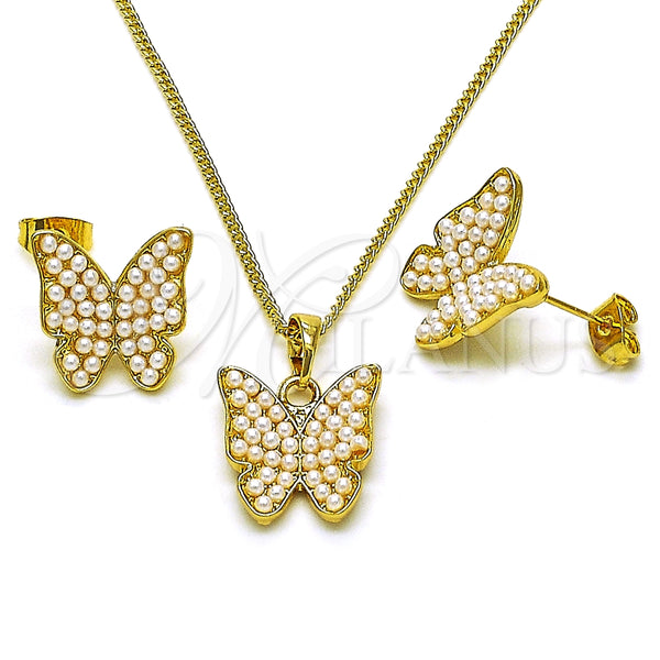 Juego de Arete y Dije de Adulto 10.379.0075 Oro Laminado, Diseño de Mariposa, con Marfil Perla, Pulido, Tono Dorado