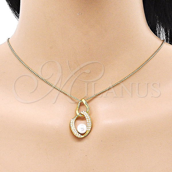 Juego de Arete y Dije de Adulto 10.379.0077 Oro Laminado, Diseño de Torcido, con Marfil Perla, Pulido, Tono Dorado