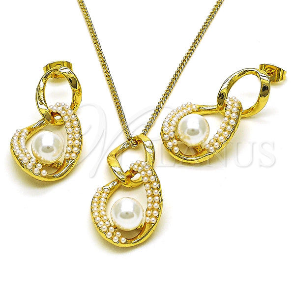 Juego de Arete y Dije de Adulto 10.379.0077 Oro Laminado, Diseño de Torcido, con Marfil Perla, Pulido, Tono Dorado