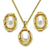 Juego de Arete y Dije de Adulto 10.379.0081 Oro Laminado, Diseño de Torcido, con Marfil Perla, Pulido, Tono Dorado